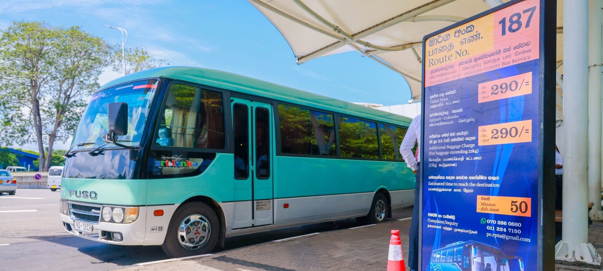 The Airport to City bus outside the airport for travellers looking for a budget transport option