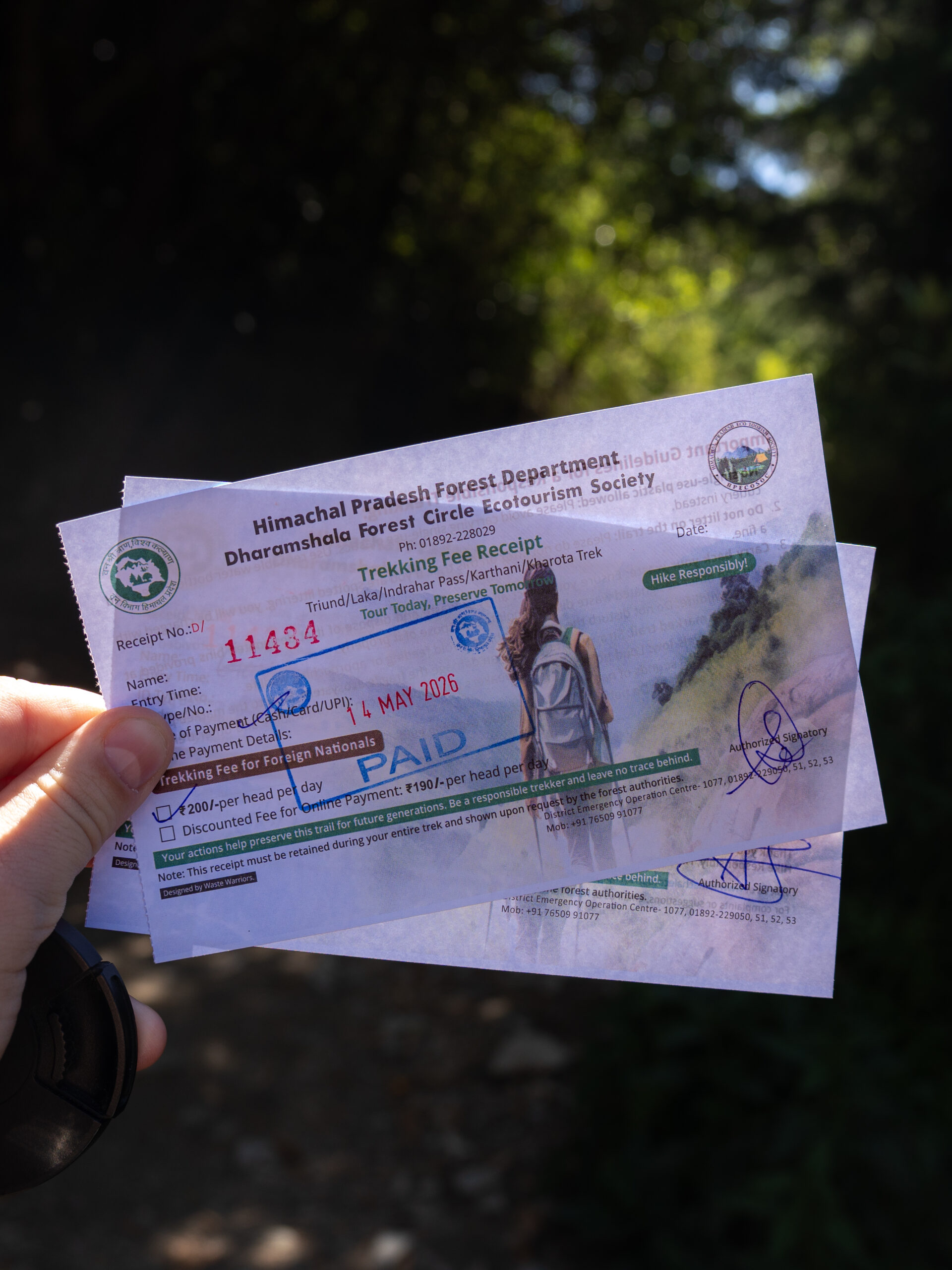 Tickets received for a day trek for foreigners doing the Triund Trek