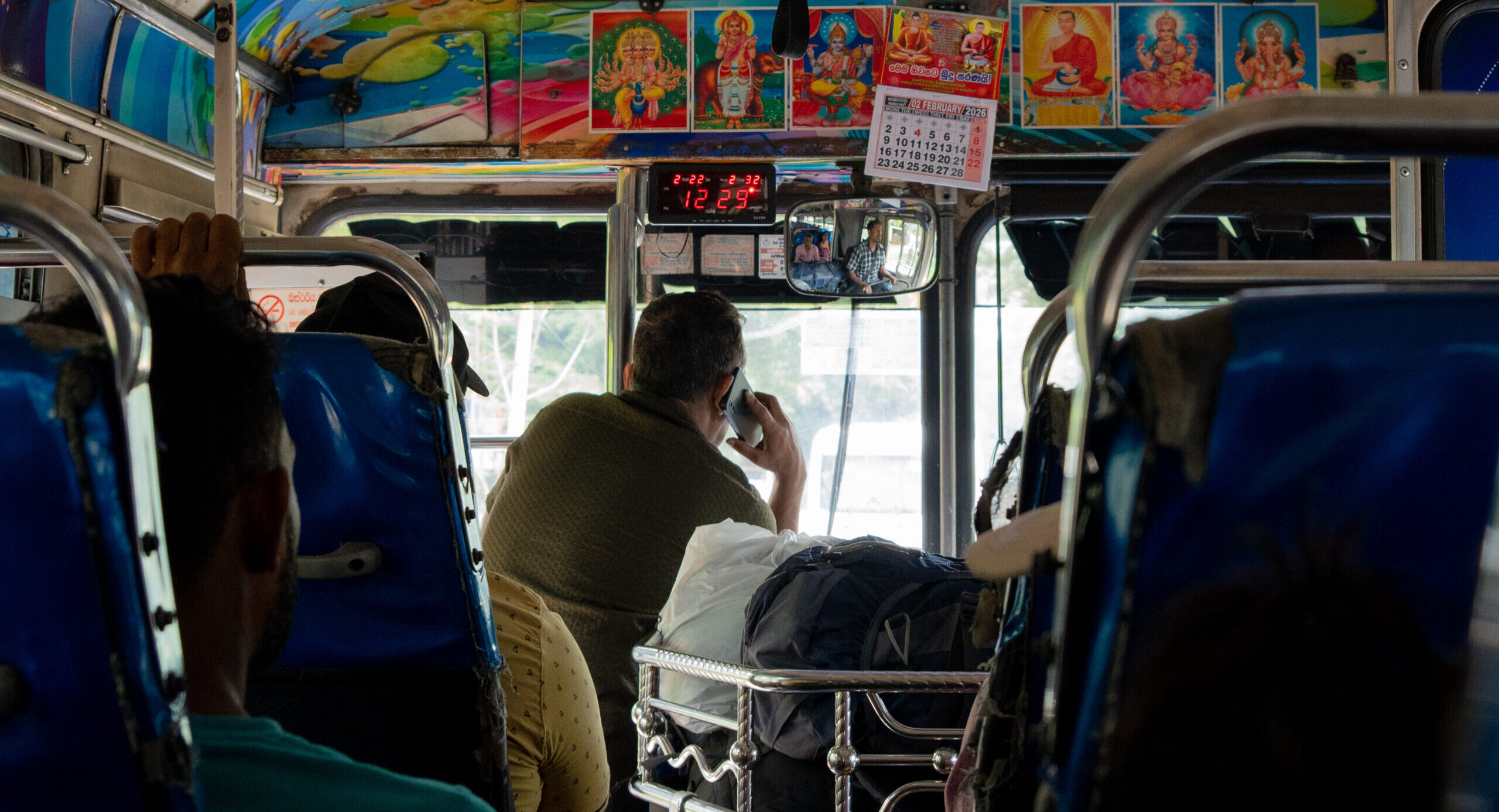 The inside of the a typical bus that takes travellers around Sri Lanka for a great budget-friendly price