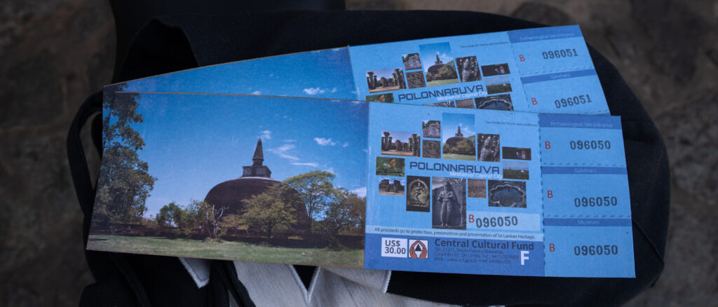 Tickets purchased at the museum for the ancient capital of Polonnaruwa, Sri Lanka