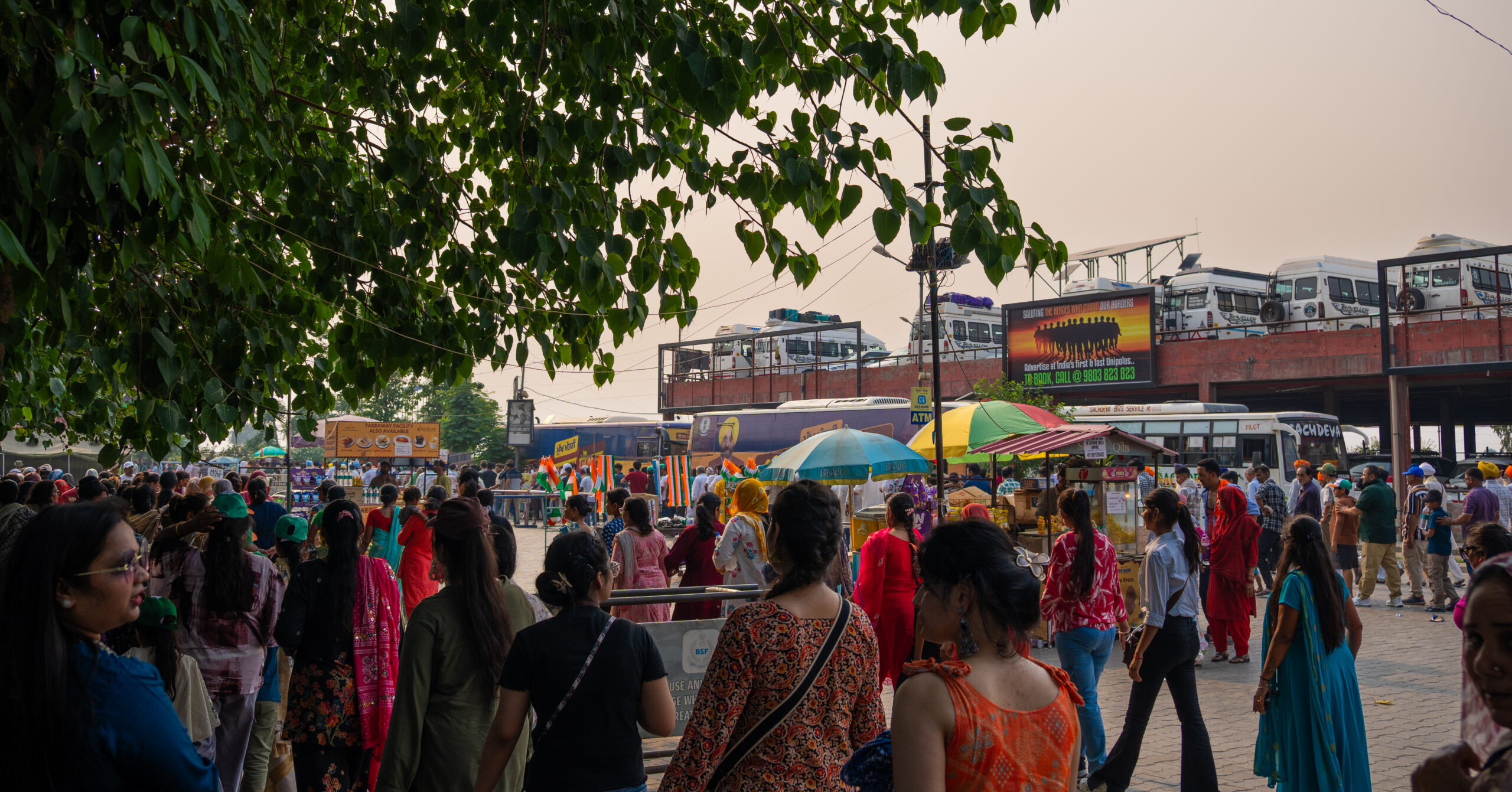The entrance to the Wagah-border with huge queues for security