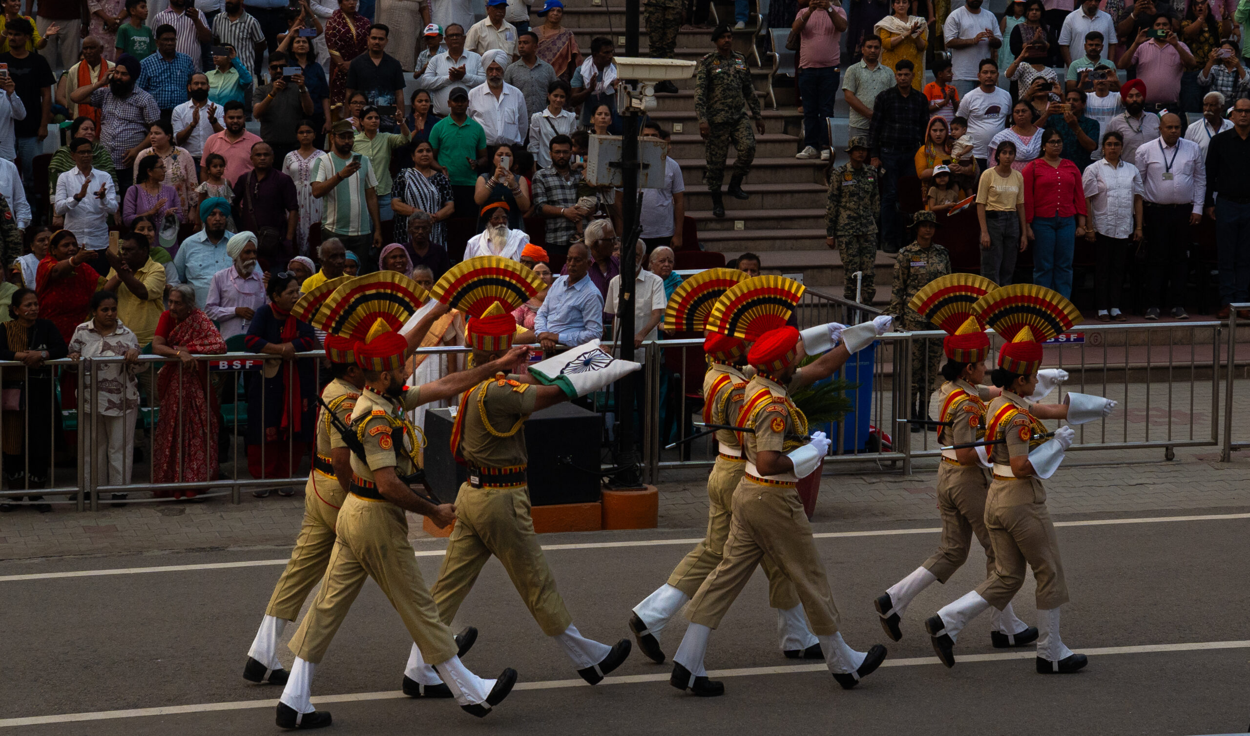 The Border Security Force (BSF) carrying the Indian flag during the Wagah-broder ceremony with Pakistan