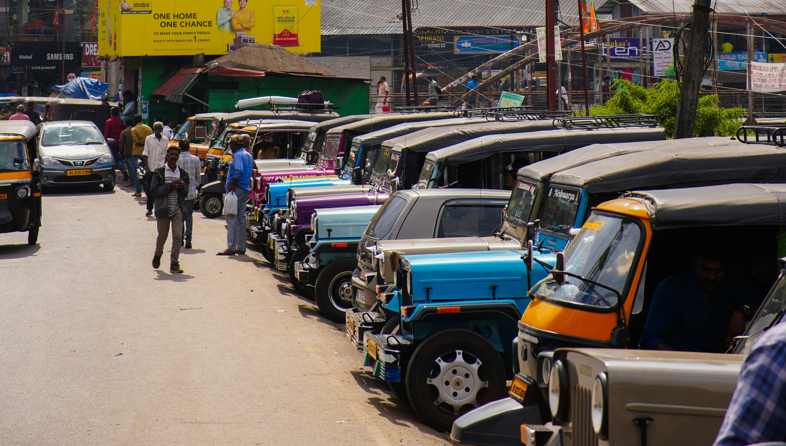 Jeeps lined up in Munnar ready to take tourists on a tour of Munnar