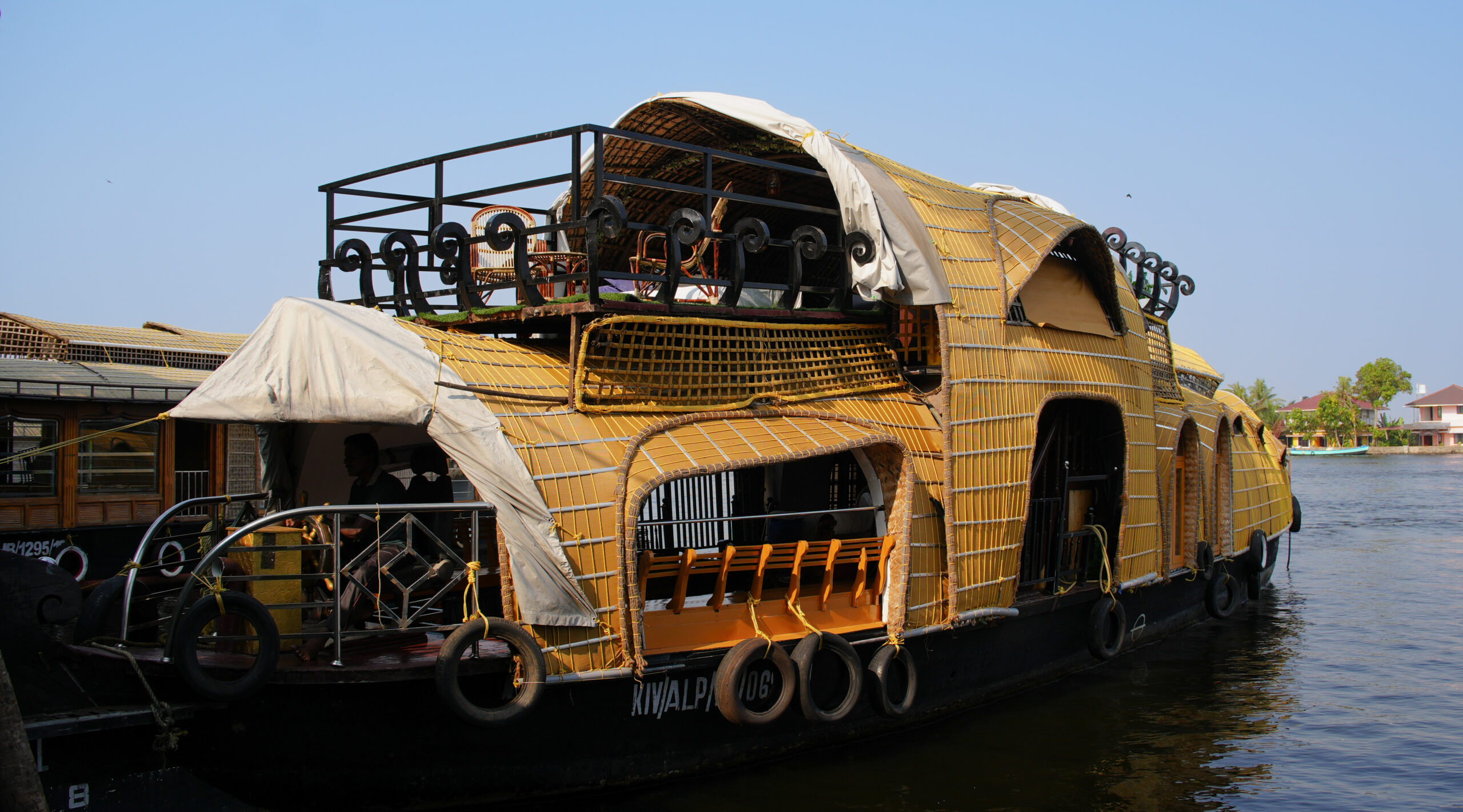 Our Private Deluxe Overnight Houseboat ready to explore the backwaters of Alleppey, Kerala.