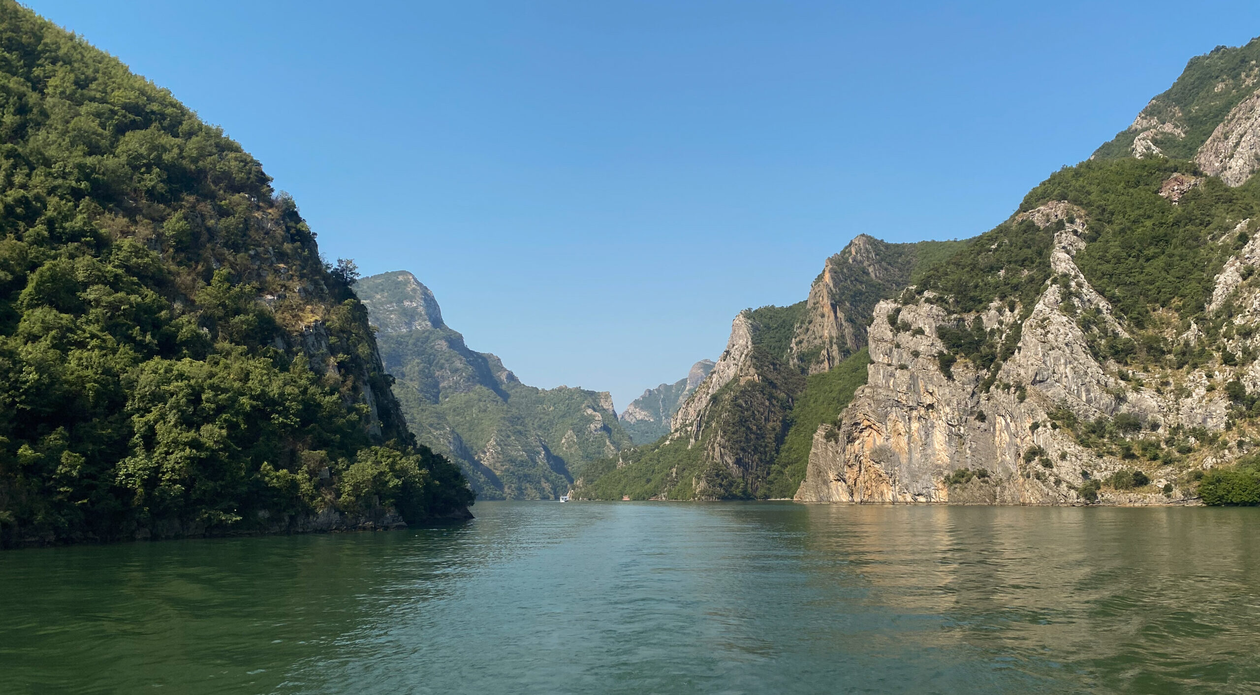 One of Albania's best nature spots, Komani Lake in the north of the country providing access to the Albanian Alps
