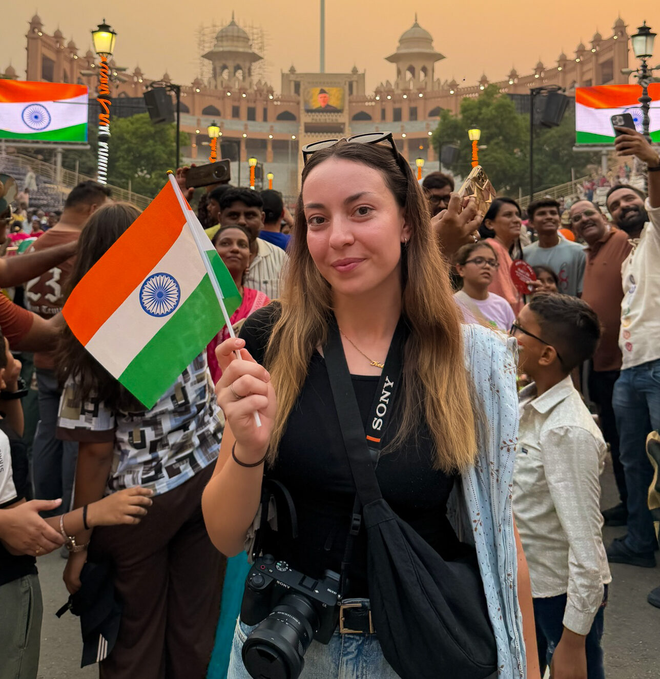 The crowded India-Pakistan border after the Wagah-border ceremony with lots of Indian flags