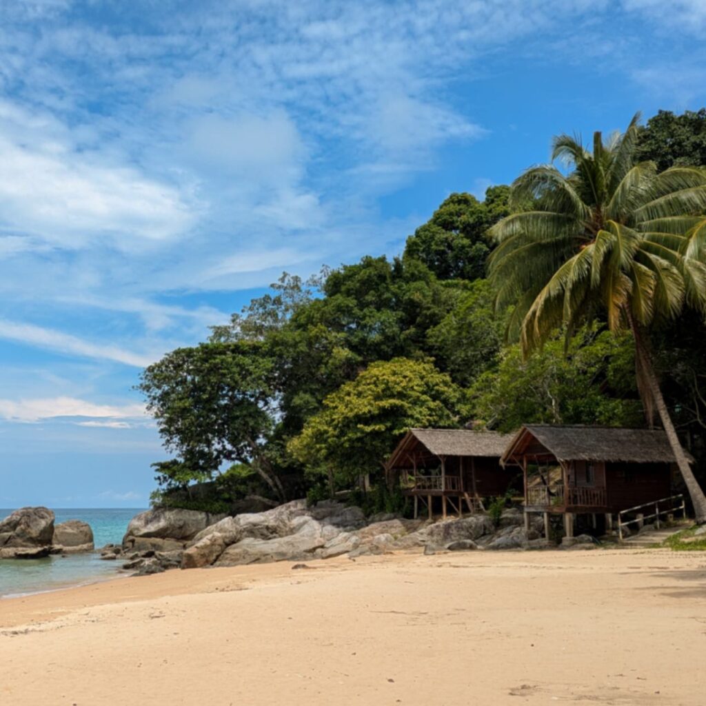 A tranquil tropical beach scene featuring two rustic wooden chalets built on stilts along a rocky shoreline. Dense green jungle foliage and a tall palm tree frame the huts against a bright blue sky with light clouds, overlooking a sandy beach and calm turquoise water in the beautiful Perhentian Islands, Malaysia.