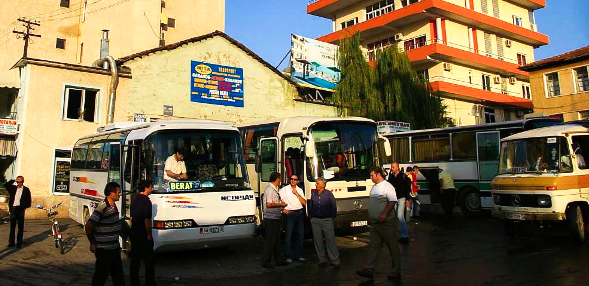 Buses waiting for departure at Sarande bus station