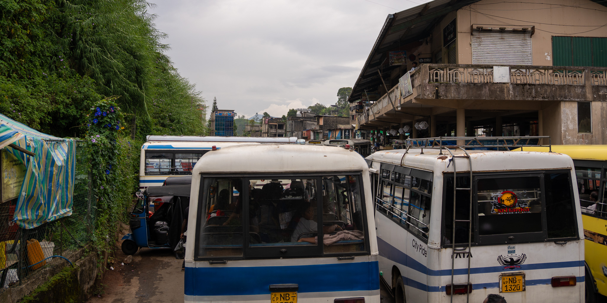Minibuses parked up at Hatton bus station, along the journey to Adam's Peak, Sri Lanka