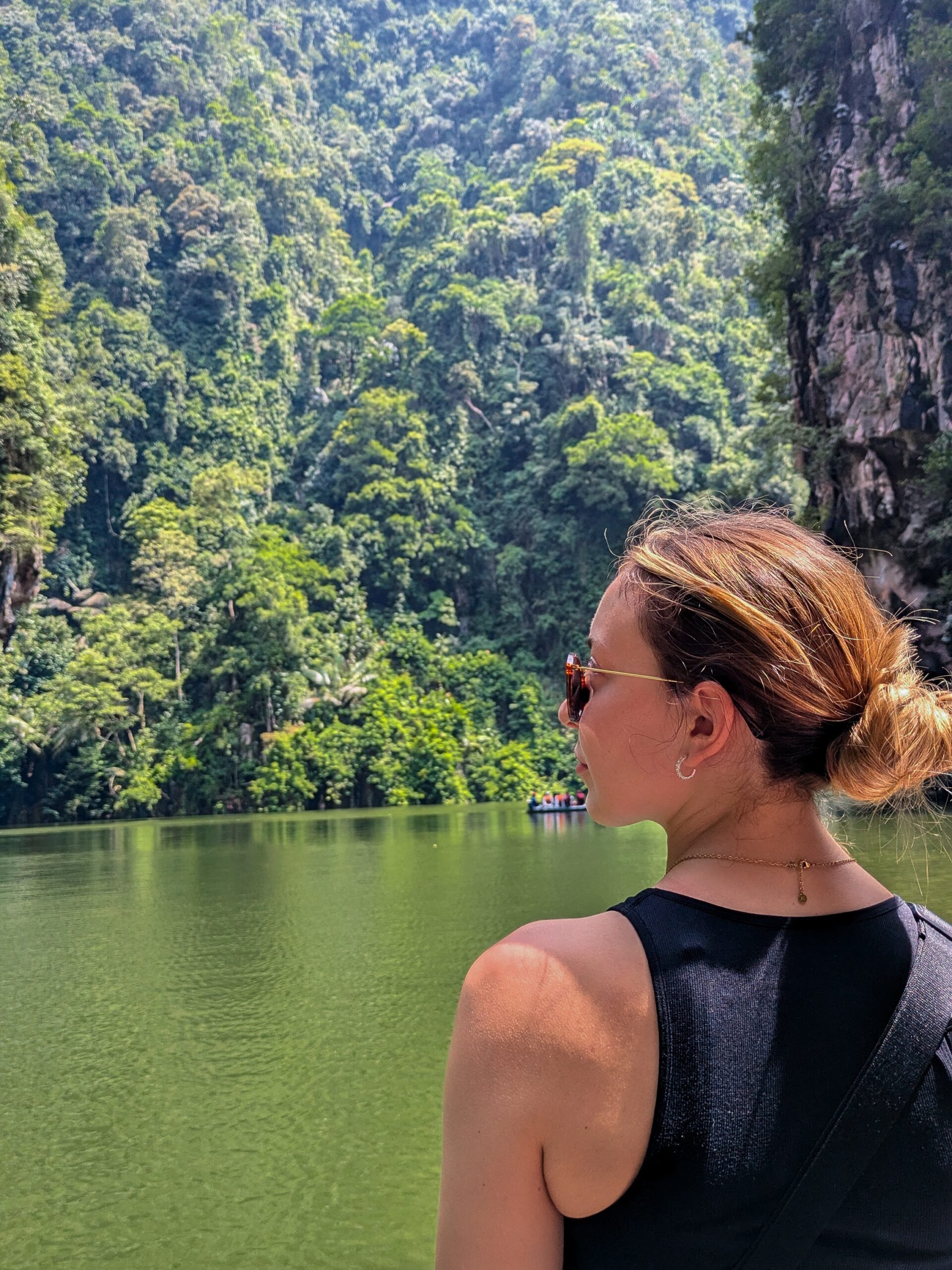 A massive limestone cliff face reflecting in a calm, dark green lake next to a dense tropical forest.