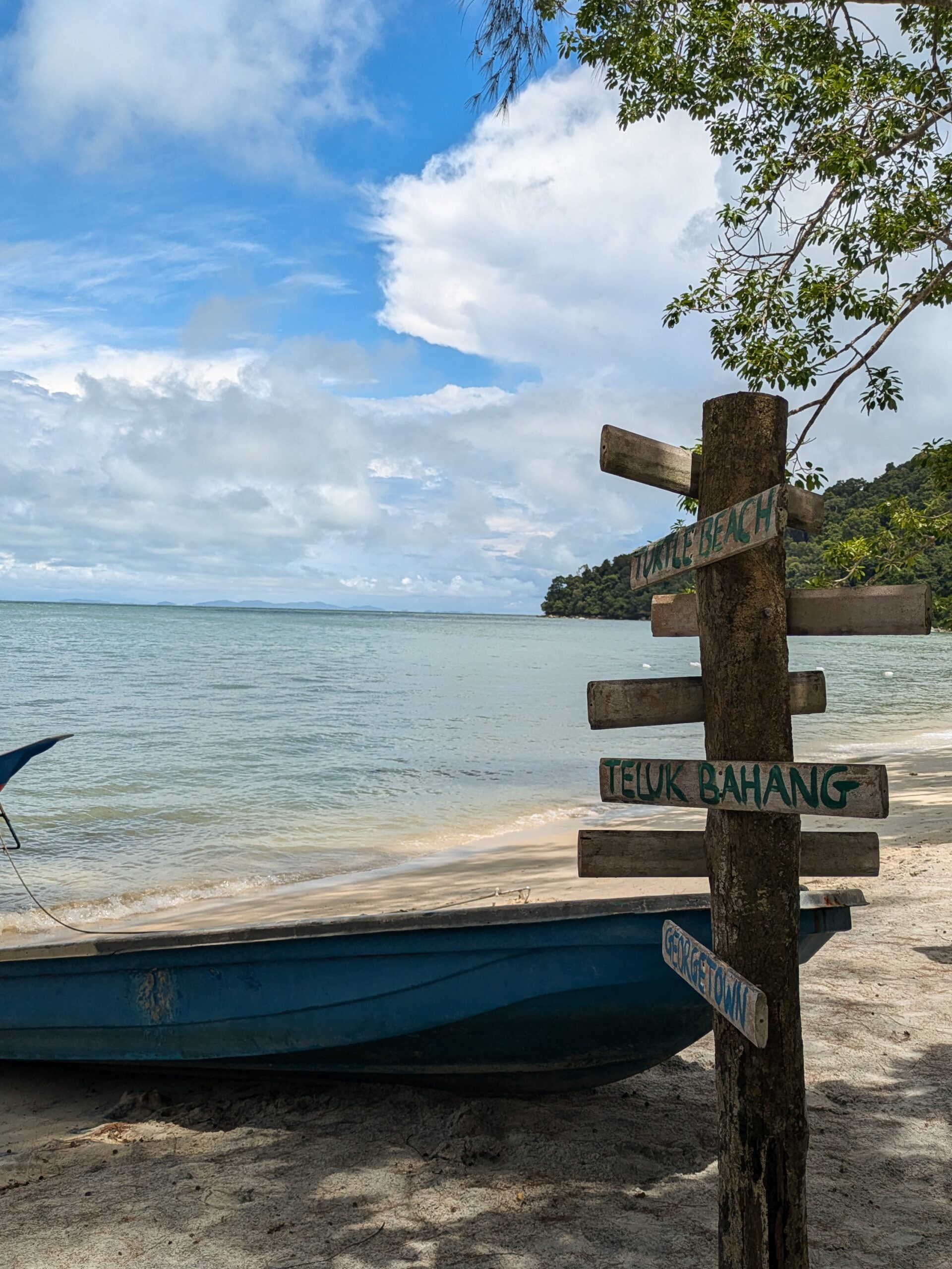 A wooden directional signpost next to a blue boat on a sandy beach looking out at the ocean in Penang National Park, Malaysia