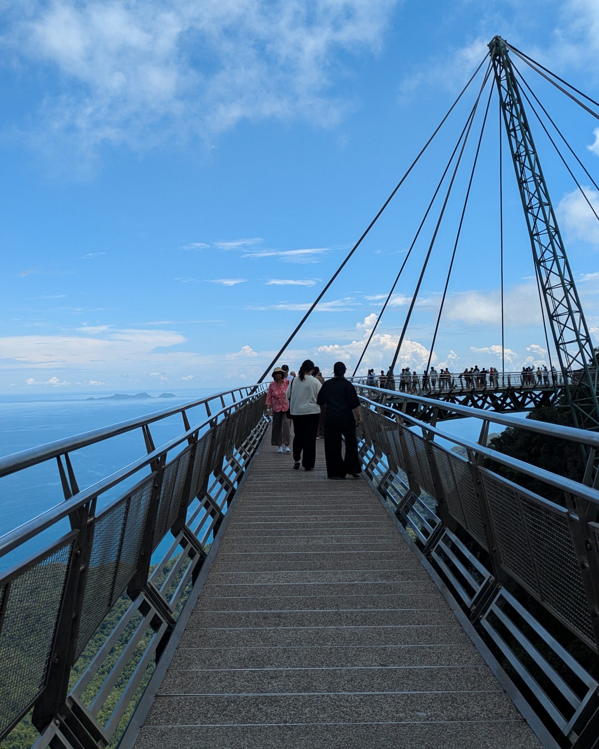 Tourists walking on a curved, high-altitude pedestrian suspension bridge overlooking a lush green valley and the sea of Langkawi, Malaysia.