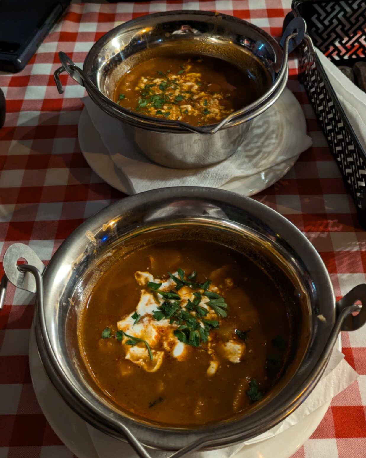 Traditional Hungarian dishes on a red checkered table cloth