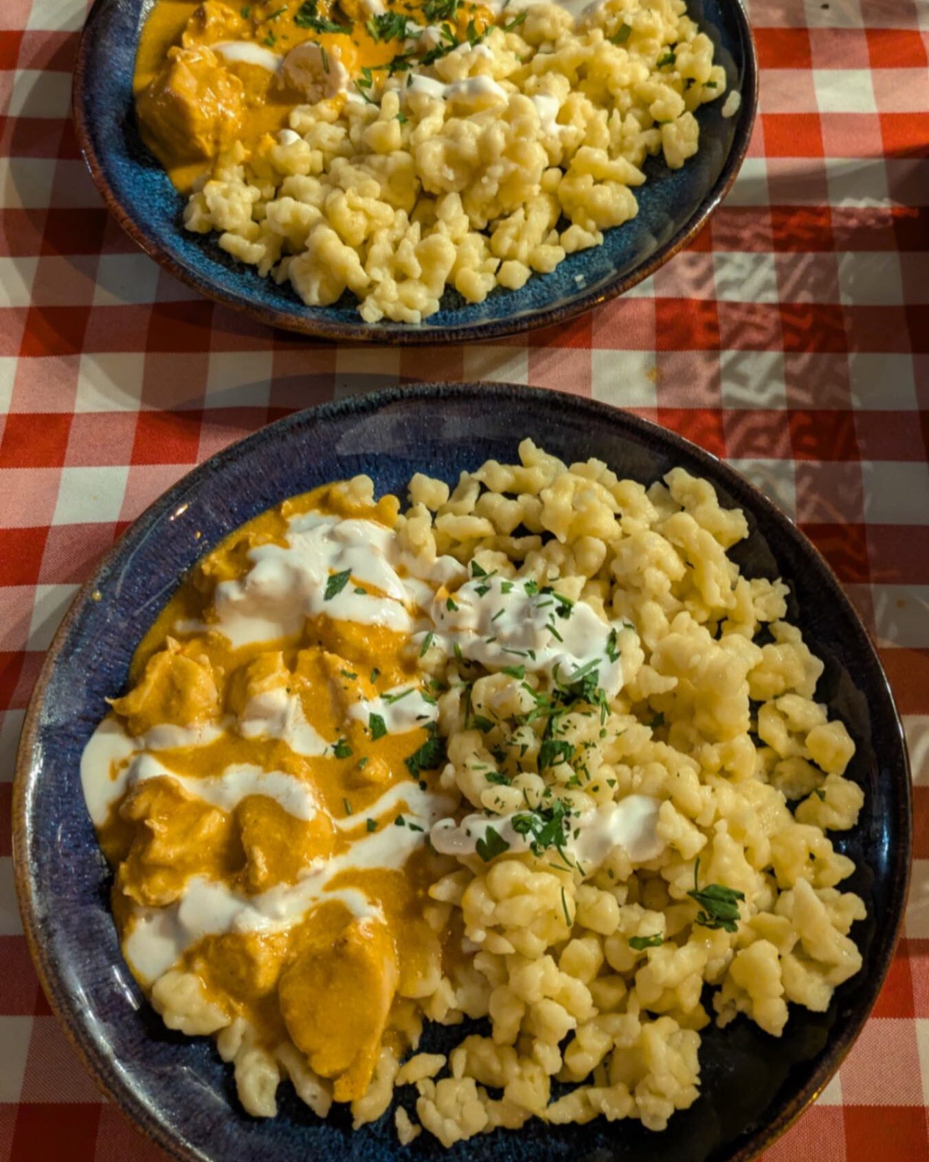 Traditional Hungarian dishes on a red checkered table cloth