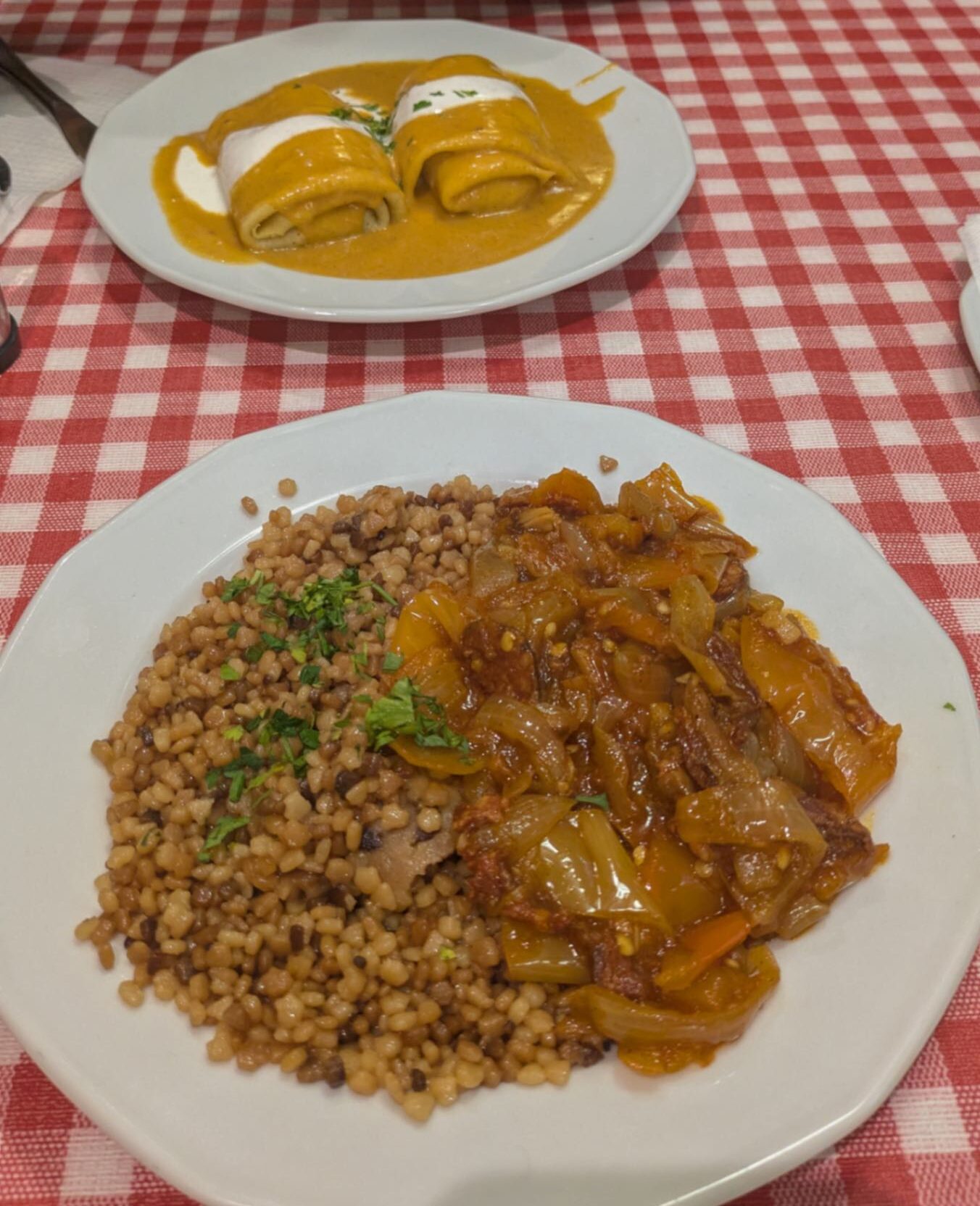 Traditional Hungarian dishes on a red checkered table cloth