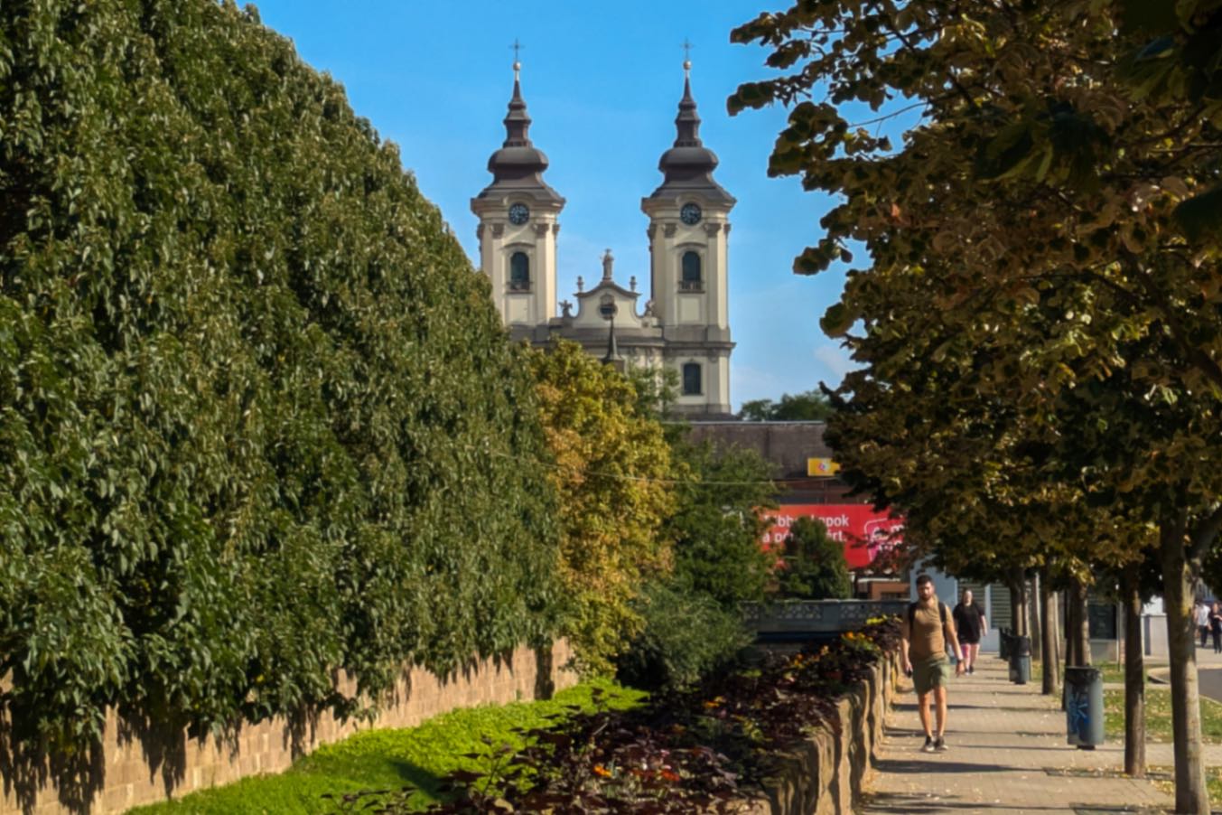 A lot of greenery in a peaceful town with a church in the distance