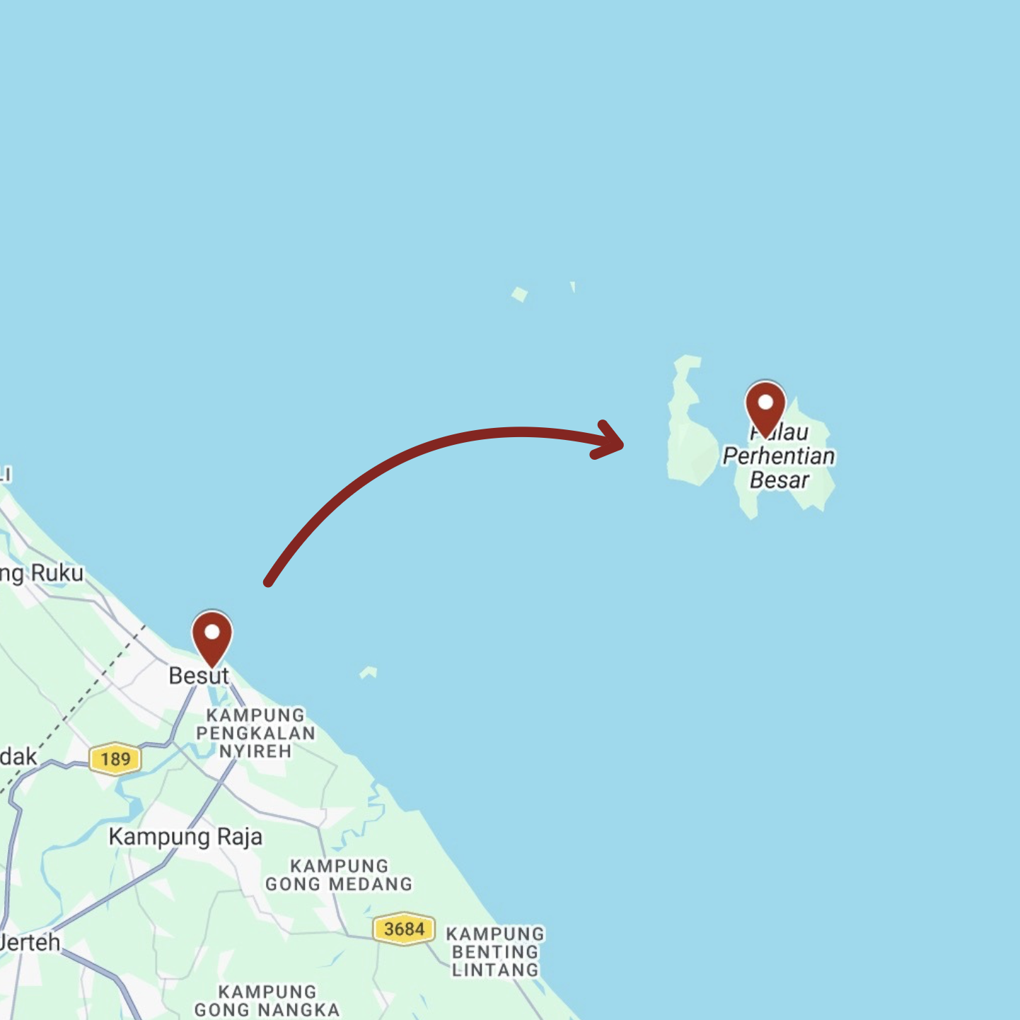 A map showing that you must go by boat from Kuala Besut to Perhentian Islands