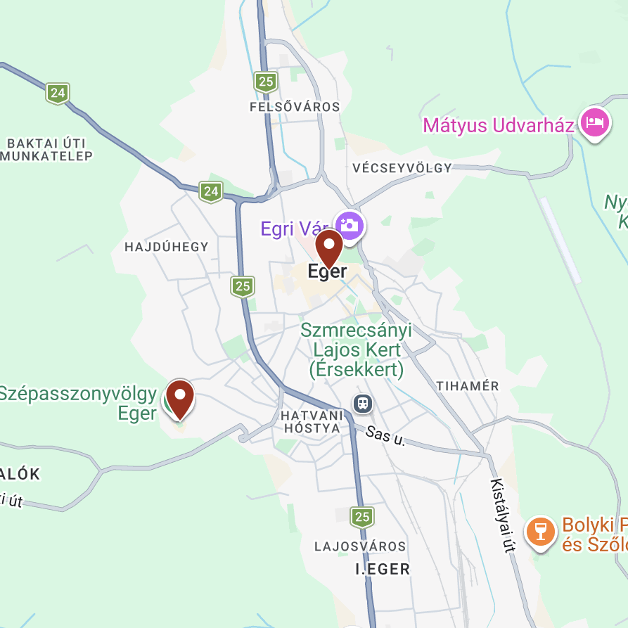 A map of Eger, a town in Hungary depicting the location of the Valley of the Beautiful Women in relation to the town