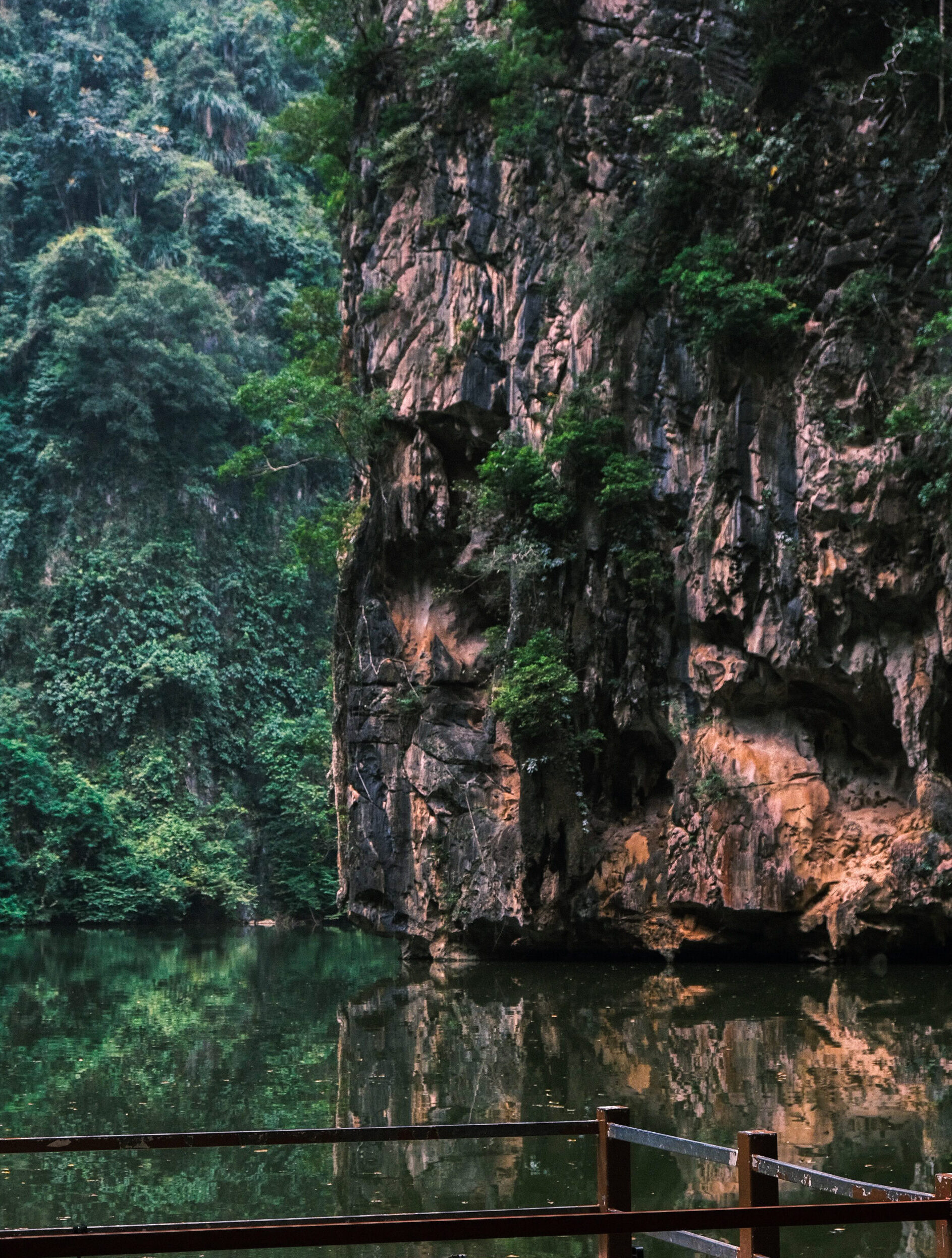 A massive limestone cliff face reflecting in a calm, dark green lake next to a dense tropical forest.