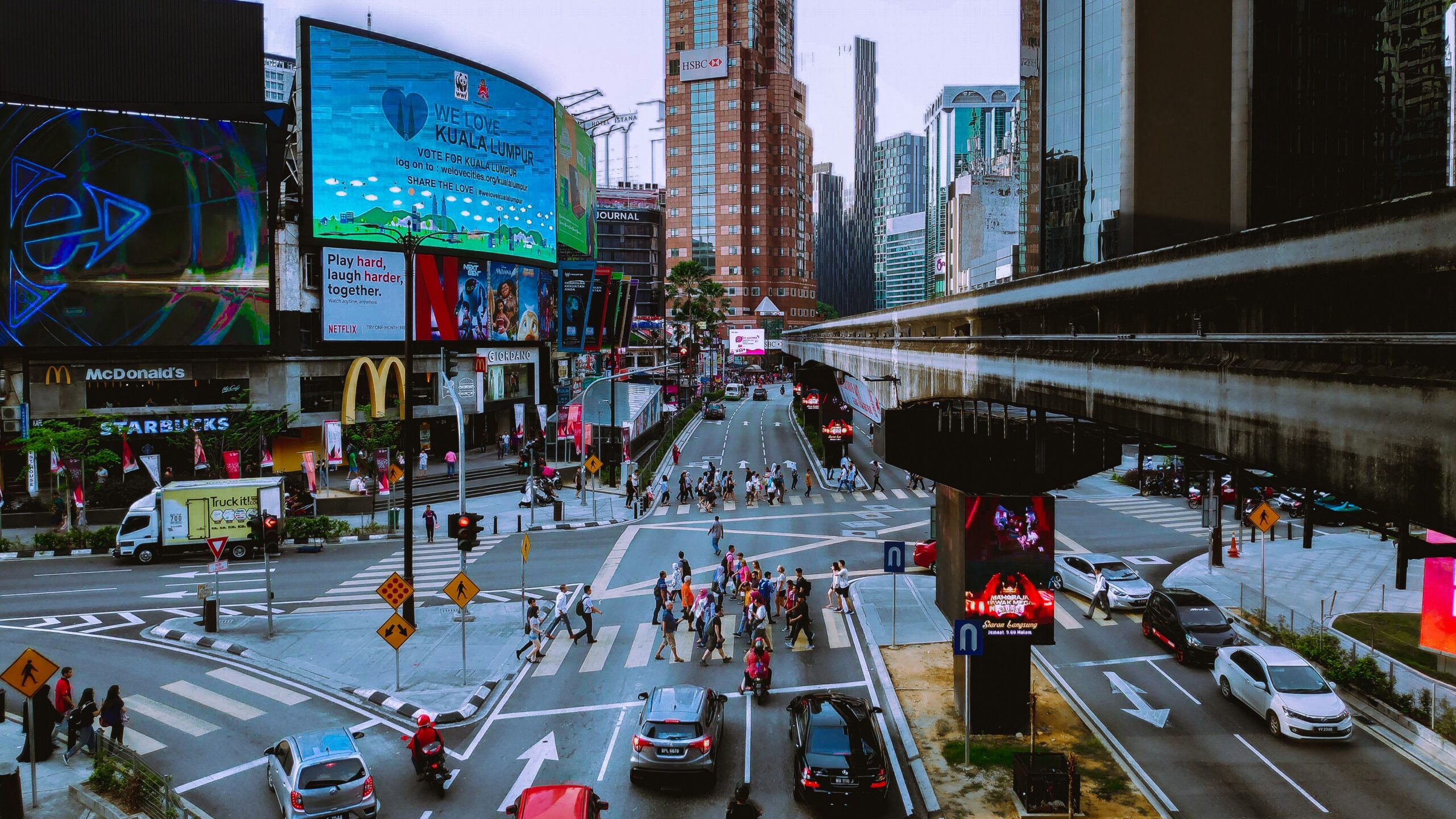 An overhead view of the Bukit Bintang area, an upmarket bustling area of KL.