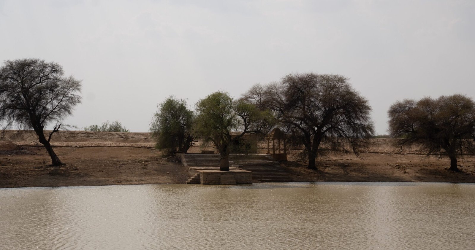 A pool of water in a desert landscape of Thar Desert, with trees and a sand structure on the edge