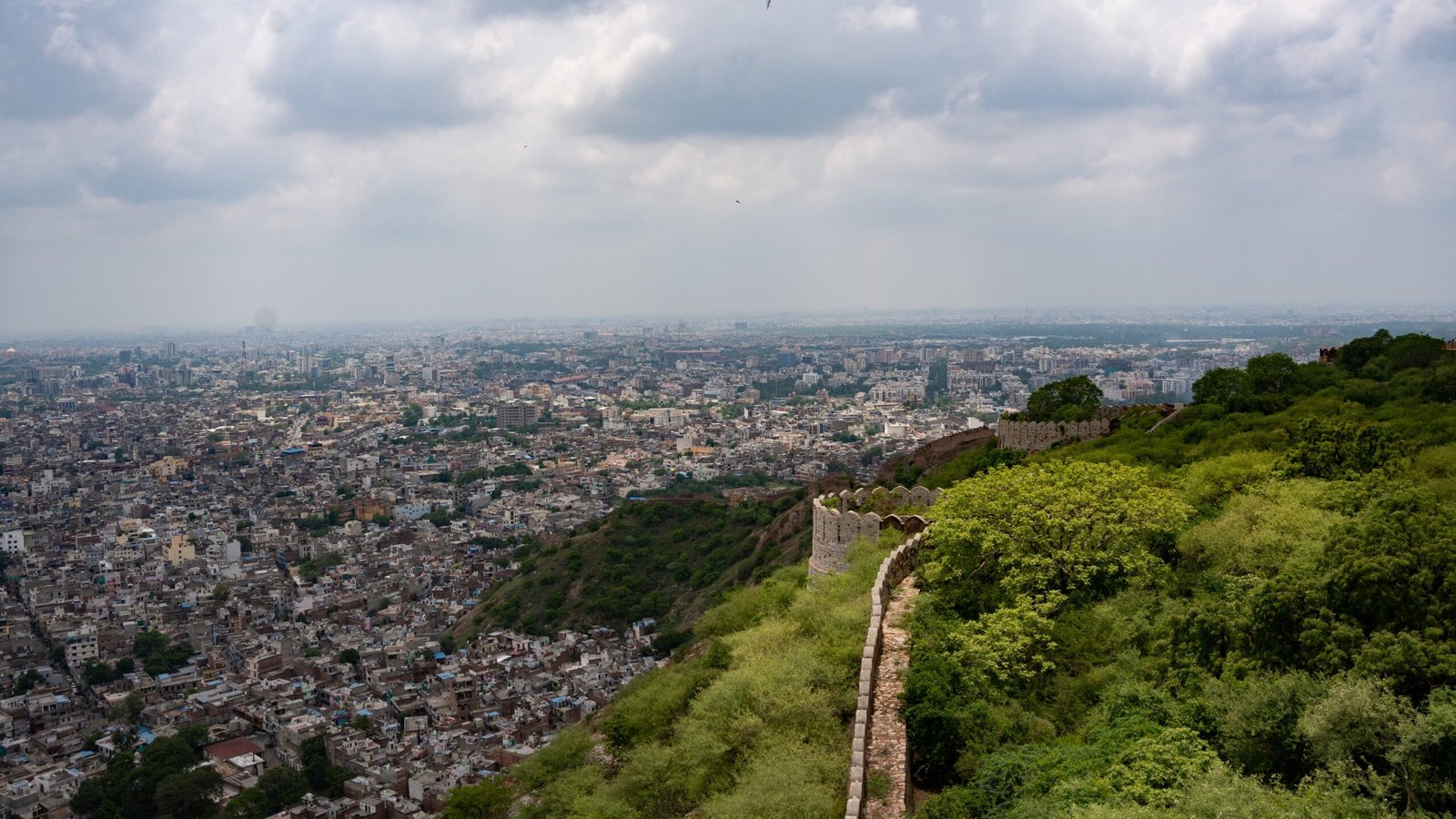 A fort edge with greenery and a city below