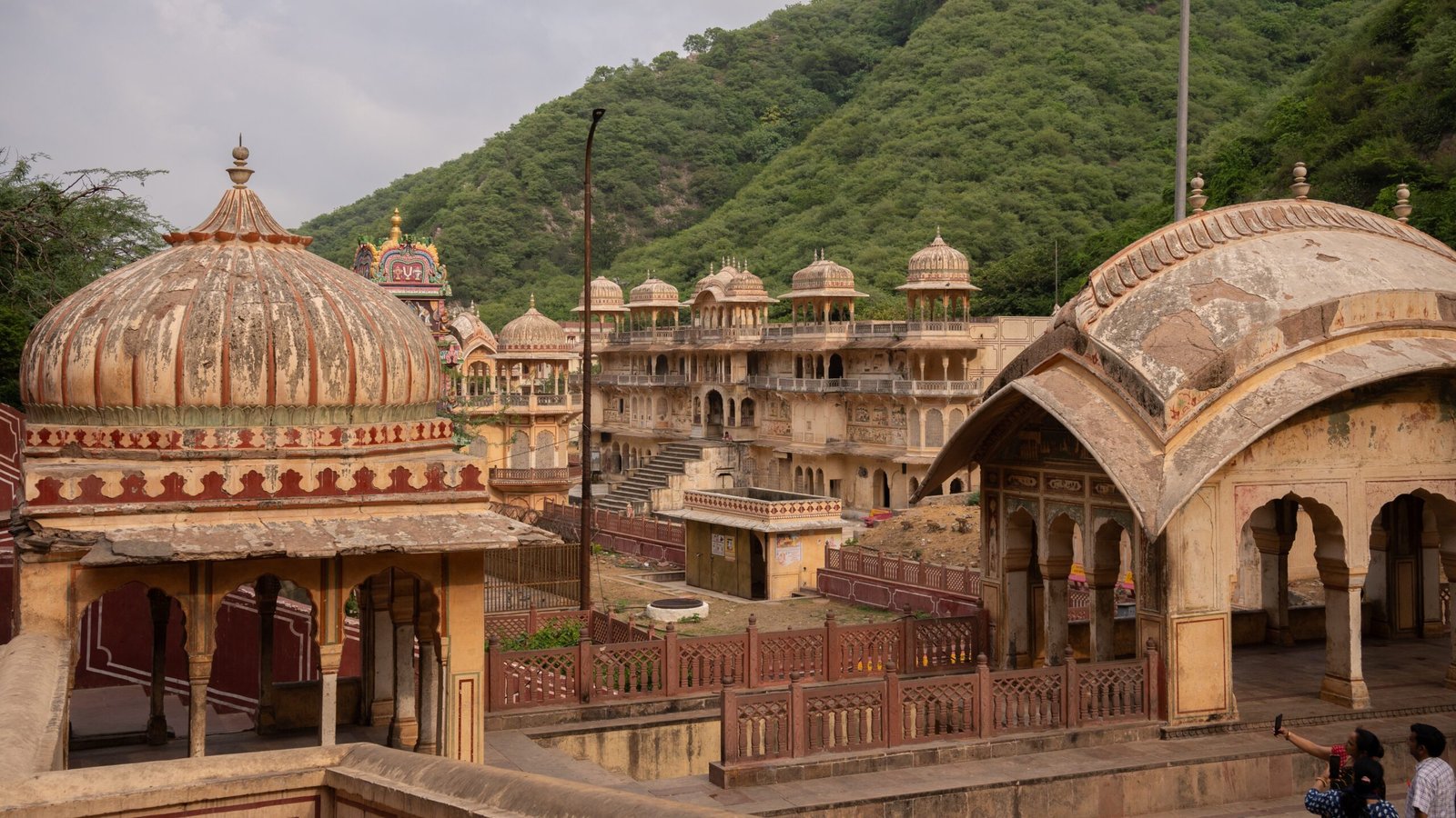 A huge overview of the many temples at Galta Ji with resident monkeys