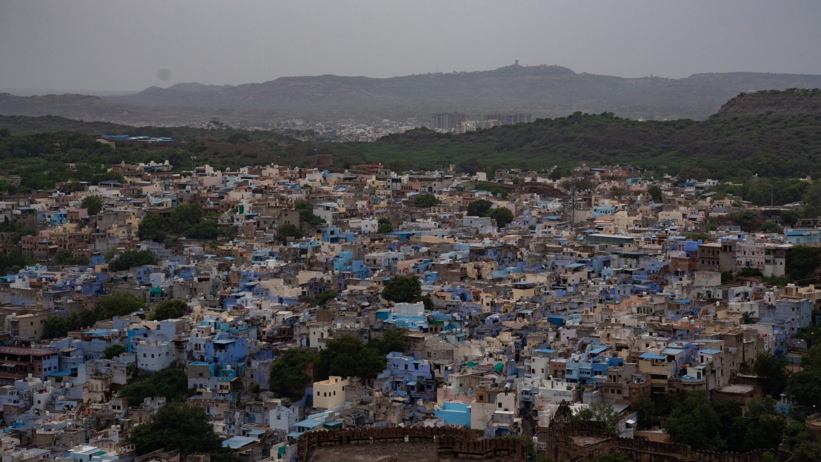 A city skyline filled with blue houses - a city called Jodhpur.