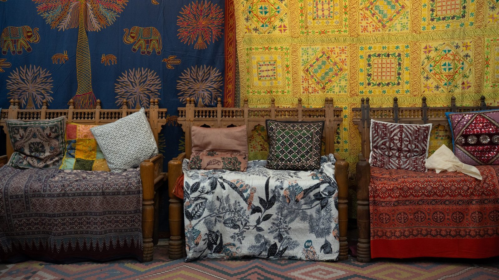 Jodhpur classic fabrics being sold in a shop and used for seating