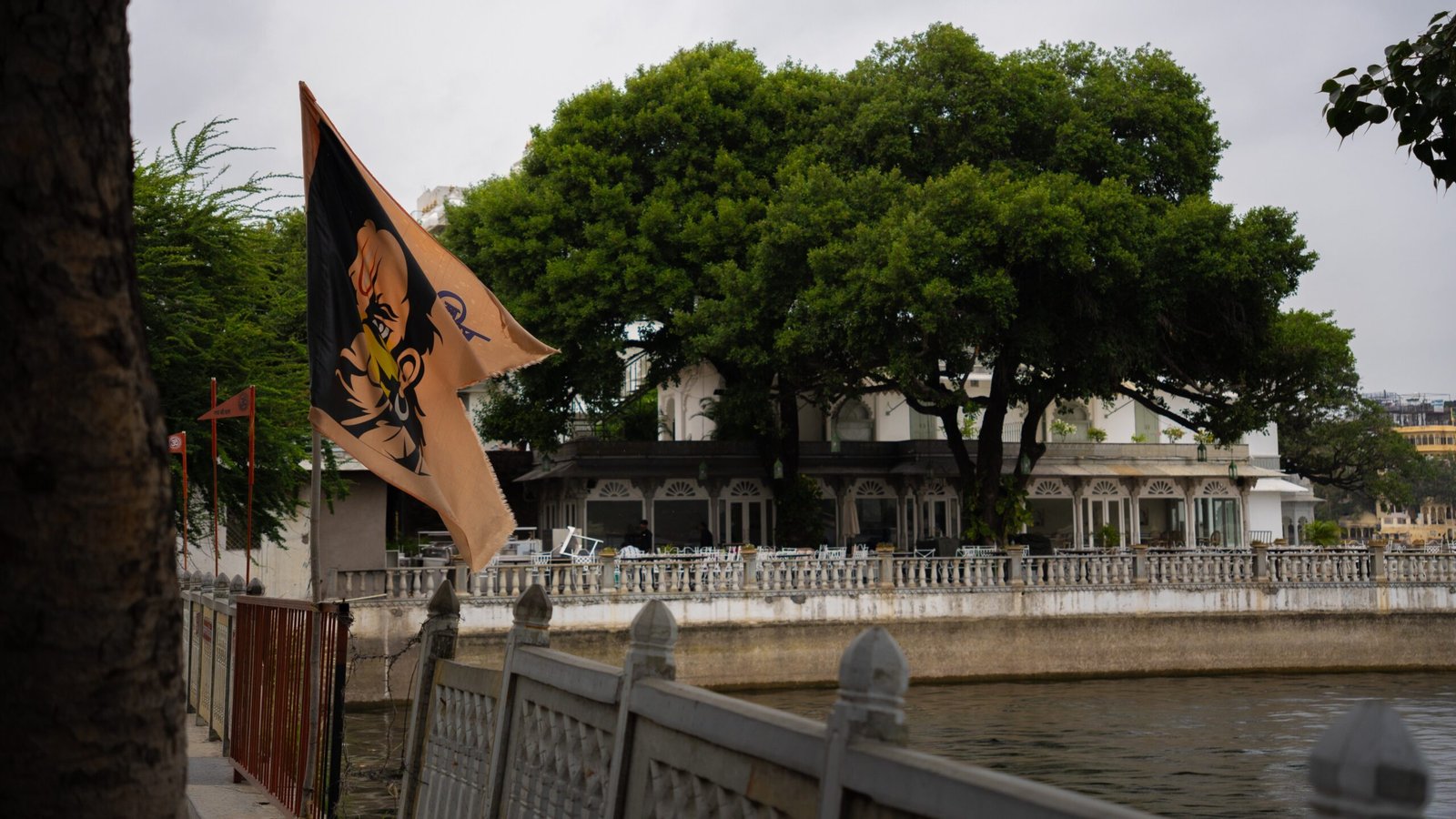 A hindu flag on a ghat in Udaipur