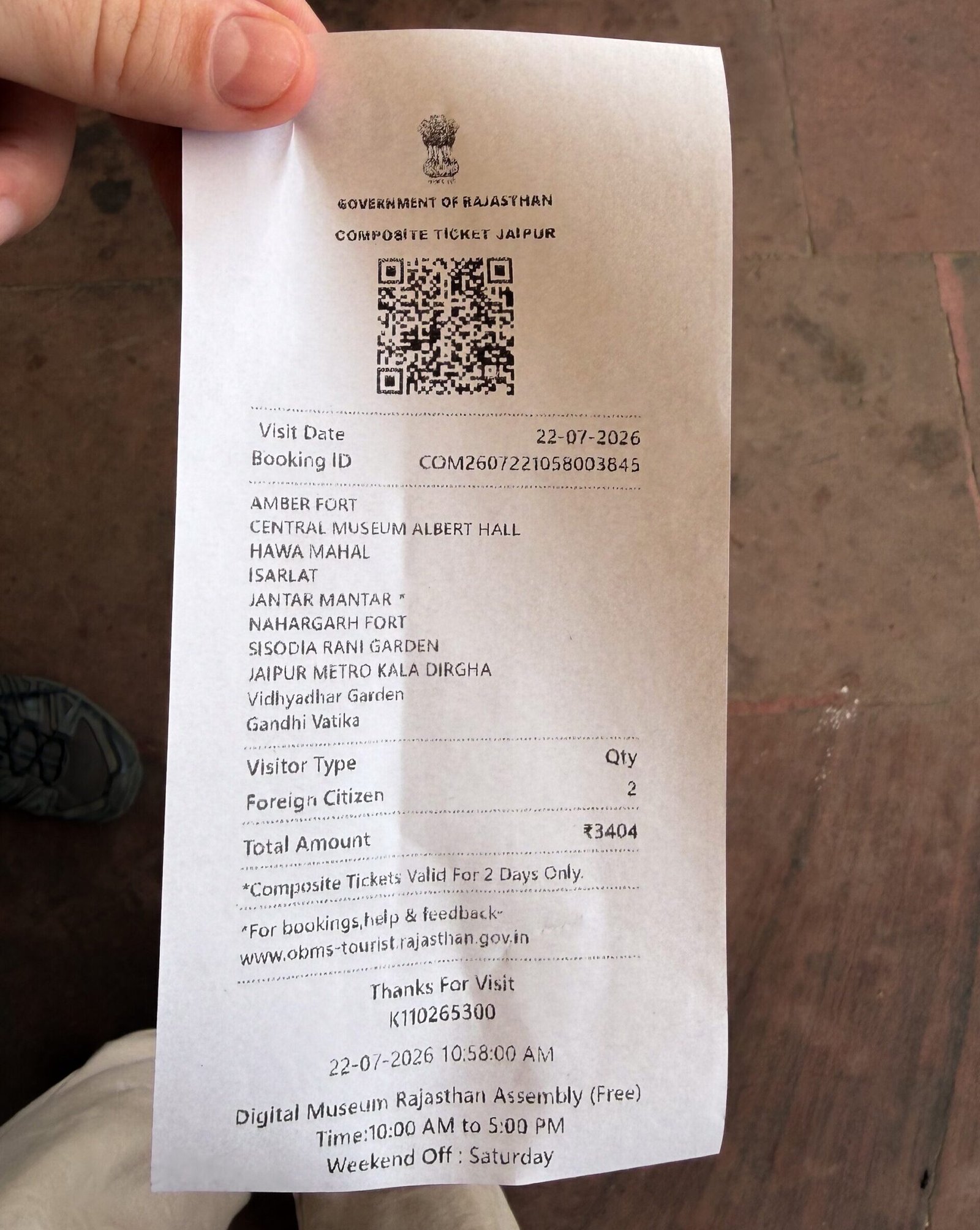 A ticket that shows a composite ticket for Jaipur sights