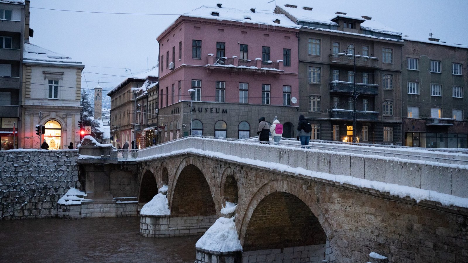A small bridge known as latin bridge in Sarajevo, Bosnia in winter time