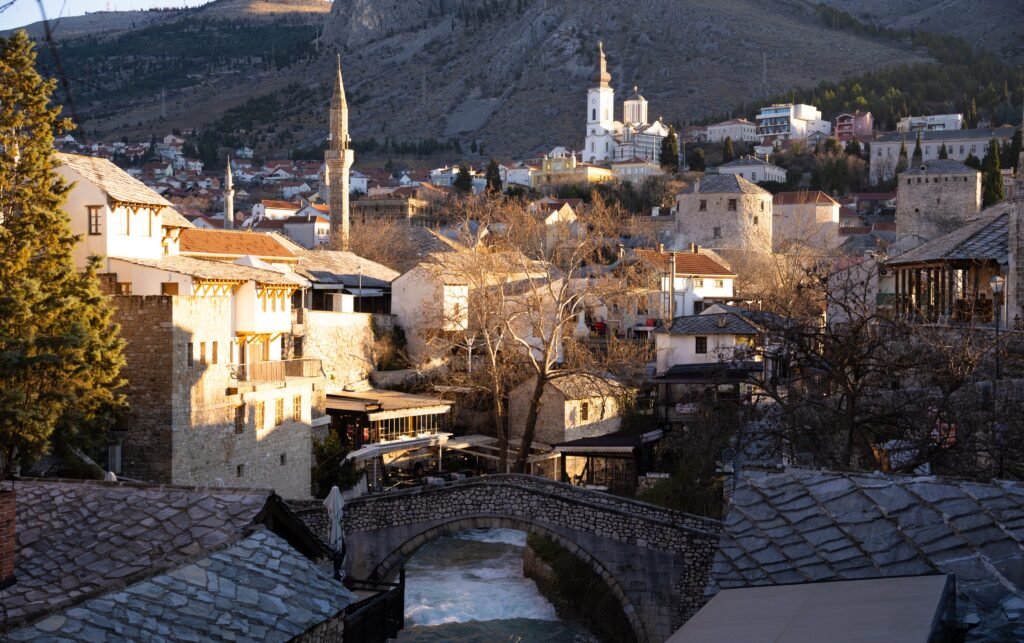 Bosnia and Herzegovina's popular travel city Mostar in golden morning light