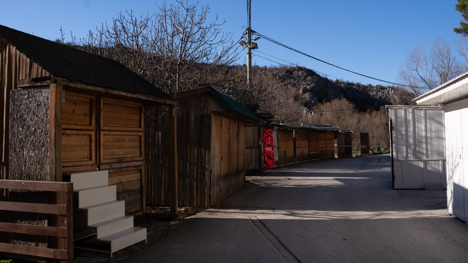 Wooden huts, all closed up for winter