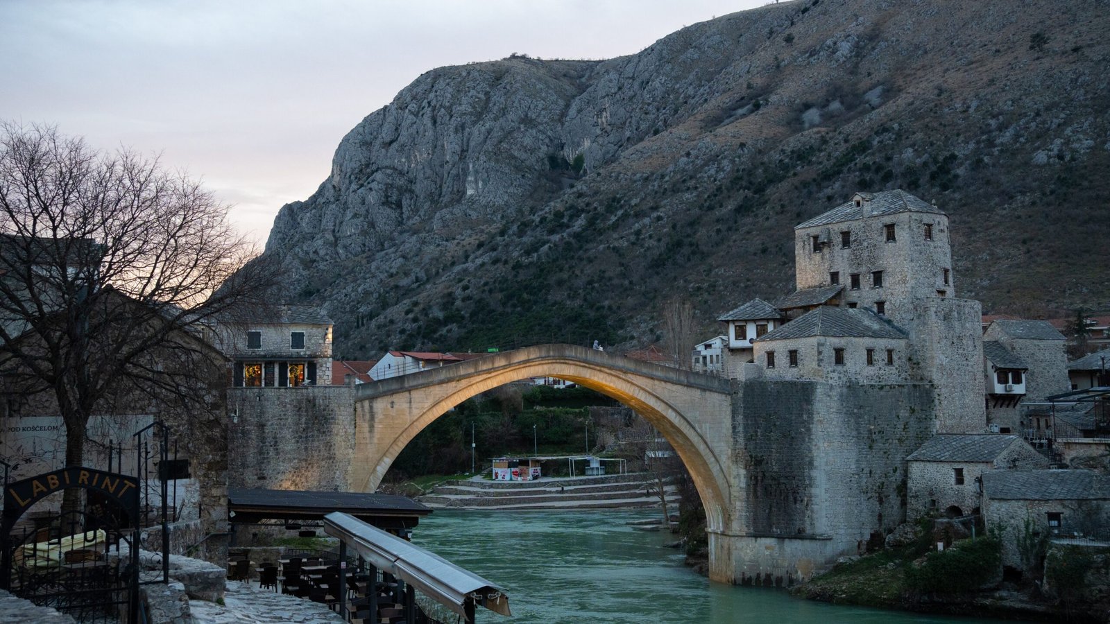 Stari Most bridge in Mostar as the light starts to fade