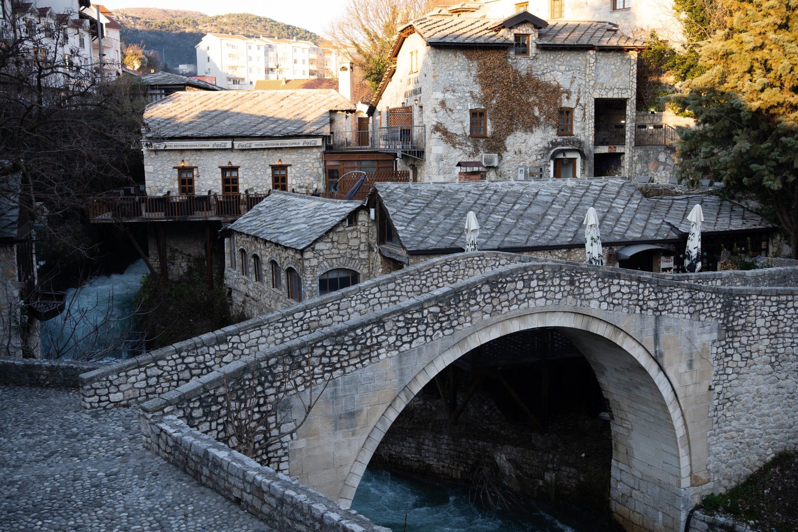 A historic bridge in Mostar, Bosnia called the crooked bridge