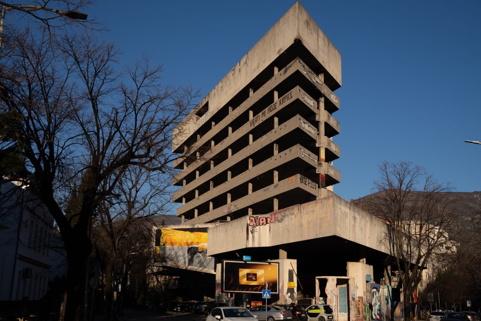 A dramatic building known as a sniper tower in bosnia